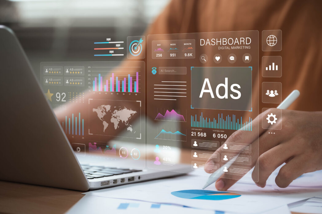 Digital advertising and marketing analytics concept. professional analyzes ad performance dashboard, showcasing customer engagement insights, social media strategy, audience targeting, ROI measurement advertising, digital advertising