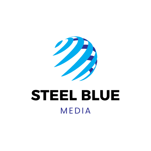 Steel Blue Media SEO, Marketing, Web Design, Social Media and Advertising Agency Light Blue and black Steel Blue Media logo, round globe