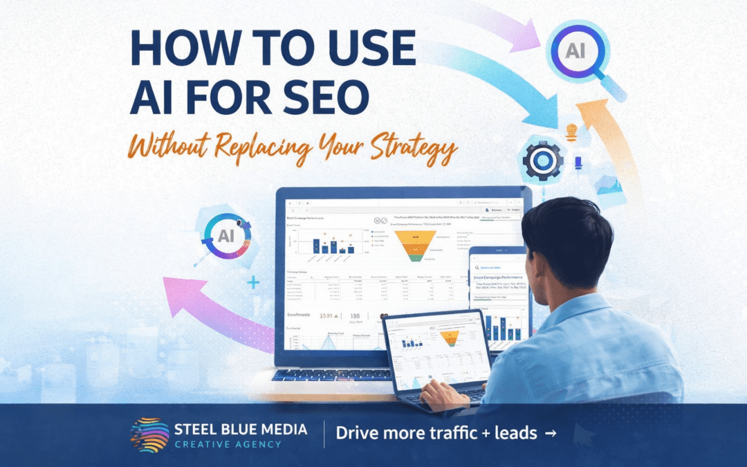 Using AI for SEO, image of a man looking at a computer. Article by Steel Blue Media
