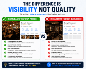 Restaurant visibility vs quality infographic showing how local SEO, Google Business Profile optimization, and reviews impact restaurant rankings and customer traffic